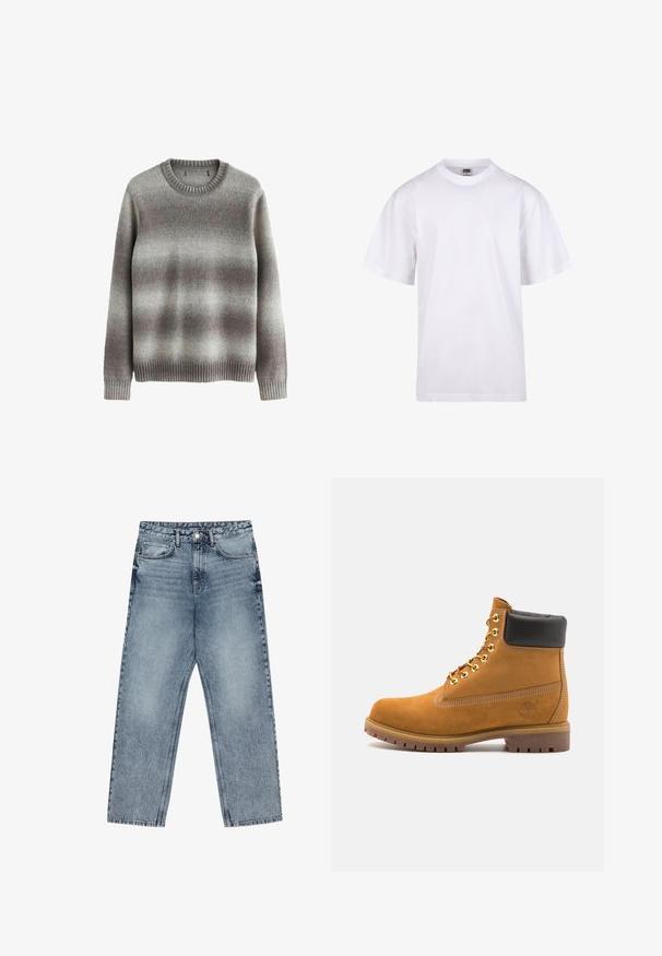 Grå sweater lavet af blødt materiale, med en klassisk rund hals, ribbede manchetter og kant, med et gradientmønster i lysere og mørkere nuancer.; Hvid bomulds T-shirt med rund halsudskæring, korte ærmer og en afslappet pasform. Har et enkelt design uden mønstre eller dekorationer.; Lysblå denim jeans med lige ben, synlig syning, fem lomme-design og knaplukning ved taljen.; Tan nubuck ankelstøvle med sort polstret krave, gyldne metaløjer, hvid syning detaljer og robust gummisål med udtalte slidbaner.