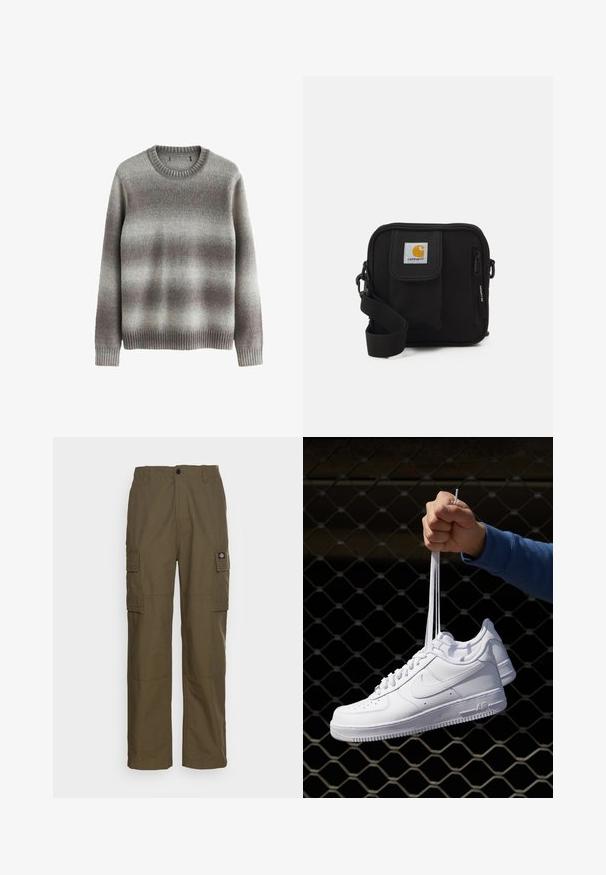 Grauer Pullover aus weichem Material mit klassischem Rundhalsausschnitt, gerippten Bündchen und Saum sowie einem Farbverlaufsmuster in helleren und dunkleren Farbtönen.; Weißes T-Shirt mit kurzen Ärmeln aus Baumwolle, mit Rundhalsausschnitt und glatter Textur, gerader Schnitt und ohne Muster.; Cargo-Hosen in olivgrün, aus strapazierfähigem Stoff. Verfügt über zwei Seitentaschen, eine normale Taille und ein gerades Bein.; Weiße Leder-Sneaker mit Perforationen, runder Zehenpartie, flacher Sohle und dicken Schnürsenkeln, mit sichtbar eingesticktem Swoosh-Logo und "AIR" an der Ferse.; Schwarze Umhängetasche mit einem Reißverschluss-Hauptfach, einer Fronttasche, einem verstellbaren Tragegurt und einem sichtbaren Logo-Patch auf dem Deckel.