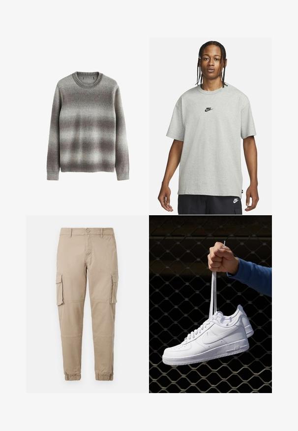 Szary sweter wykonany z miękkiego materiału, z klasycznym okrągłym dekoltem, ściągaczami przy mankietach i u dołu, z gradientowym wzorem w jaśniejszych i ciemniejszych odcieniach.; Młoda osoba z warkoczami, ubrana w jasnoszary t-shirt Nike i czarne spodenki Nike, na jednolitym białym tle.; Beżowe spodnie cargo z lekkiego materiału bawełnianego. Posiadają elastyczne mankiety, wiele bocznych kieszeni oraz zapięcie na guzik.; Białe skórzane sneakersy z perforacjami, okrągłym noskiem, płaską podeszwą i grubymi sznurówkami, z widocznym logo swoosh i napisem „AIR” na pięcie.