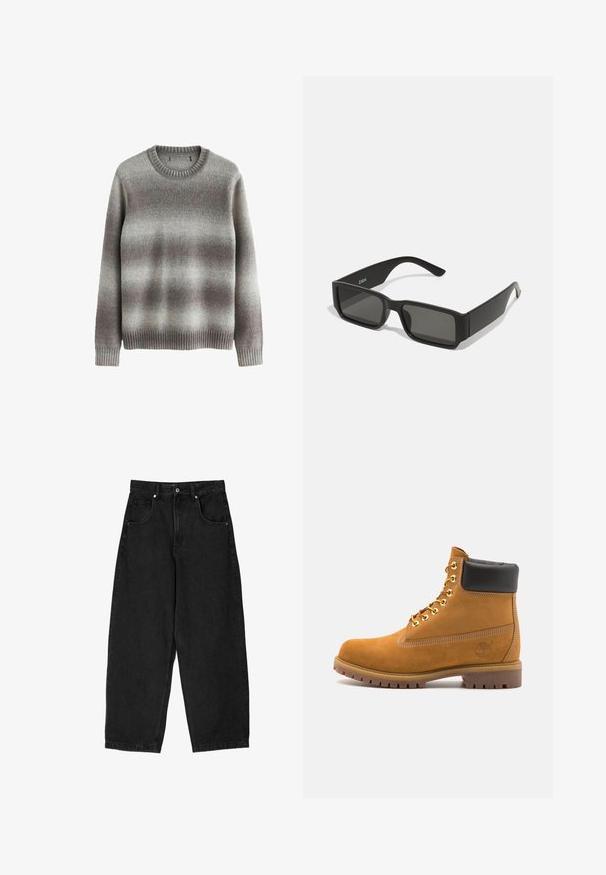 Grijze trui van zacht materiaal, met een klassieke ronde hals, geribde manchetten en zoom, voorzien van een gradientpatroon in lichtere en donkere tinten.; Zwarte denim pijpenbroeken met een hoge taille, voorzien van vijf zakken, een ritssluiting en een metalen knoopsluiting. Zachte textuur, minimale details.; Tan suède enkelboot met zwart gevoerd kraagje, gouden metalen oogjes, witte stikdetails en een robuuste rubberen zool met uitgesproken profiel.; Zwarte zonnebril met rechthoekige lenzen, matte plastic montuur en rechte randen. Bevat het merkteken op de binnenarm.