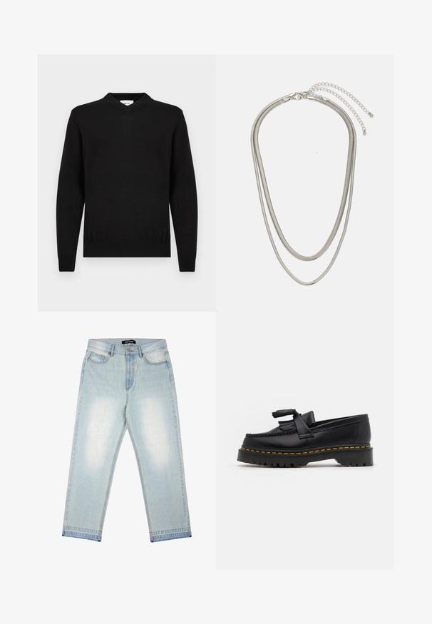 Black long-sleeve V-neck knit sweater with ribbed cuffs and hem, displayed against a white background.; Pegador BARROW - Loose Jeans - sand washed blue; Black leather loafer with a tasseled accent, featuring a chunky black sole and yellow stitching along the edge. Textured finish.; Three-layered silver metal necklace featuring sleek, flexible chains with a slight sheen, secured with a lobster clasp and adjustable chain.