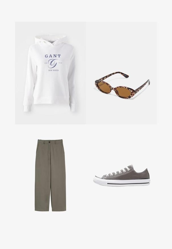 Hvid hættetrøje med en frontkangaroo lomme, der har marineblå tekst, som står "GANT EST. 1949 NEW HAVEN" og et stort, stiliseret "G" logo.; Hvid kortærmet t-shirt med rund hals, lavet af blødt og glat bomuldsstof, med en lige kant og minimal detaljering. Enkel og alsidig design.; Bredde ben bukser i olivengrønt stof med knaplukning, frontlommer og en glat, let struktureret overflade.; Grå lærredssneaker med hvid gummisål, sort streg og metaløjer. Har rund tå, lav overdel og tekstureret stof.; Skildpaddemønstrede solbriller med ovale linser, brunt farvetone, tynde stænger med et struktureret mønster, letvægts plastisk ramme.