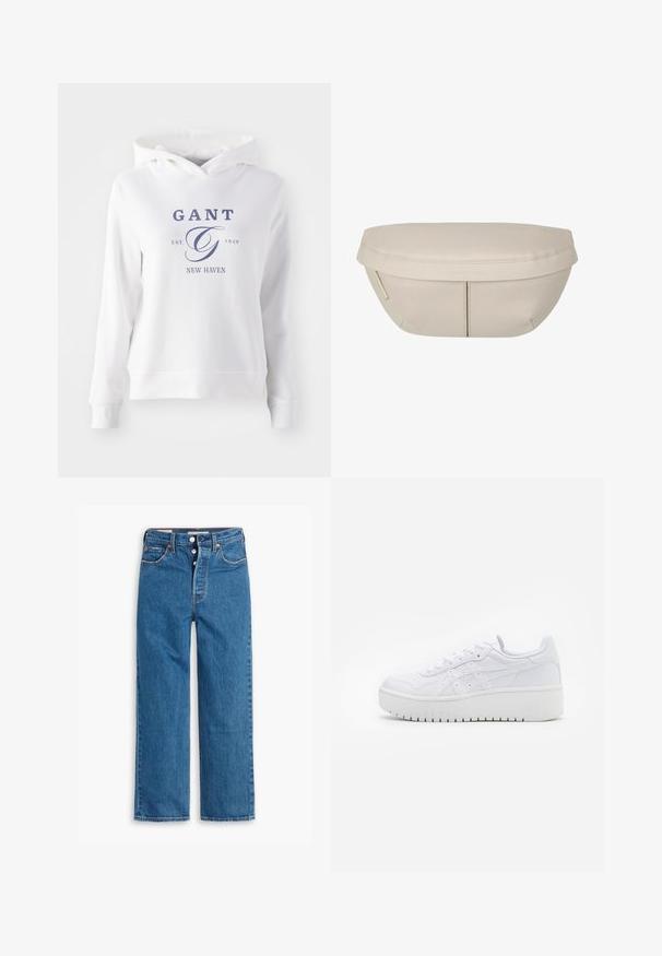 Witte hoodie met een voorvak in kangoeroestijl, voorzien van marineblauwe tekst die "GANT EST. 1949 NEW HAVEN" zegt en een groot, gestileerd "G" logo.; Blauwe denim jeans met rechte pijpen en hoge taille, vijf zakken en een knoopsluiting. Merkbare stiksels en koperen klinknagels.; Witte platform sneakers met een gladde leertextuur, geperforeerde details en platte veters; voorzien van een dikke witte rubberen zool.; Beige stoffen zakje met een afgeronde vorm, voorzien van een platte bovenkant en subtiele naaddetails. Inclusief een minimalistisch logo en een zijstrap.