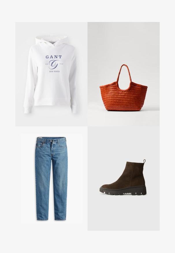 Valge kapuutsiga sviiter, millel on esiküljel kengurtasku, sinise teksti jaotusega "GANT EST. 1949 NEW HAVEN" ning suur stiliseeritud "G" logo.; Sinine denimist valmistatud sirge lõikega teksad, millel on lukuga kokku tõmbamine, kaks esimest taskut ja peene värvimisega niiskus kogu kangast.; Pruun nahast pahkluu saabas, millel on tugev must kummitald, kerge konts ja tagumine tõmbetöödeldud osa, mis muudab selga panemise lihtsamaks.; DRAGON DIFFUSION NANTUCKET BASKET BIG - Käekott - naranja