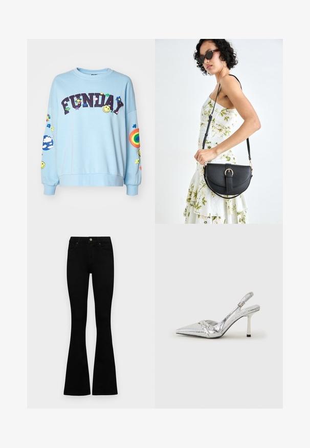 Pieces PCDINNA OVERSIZED - Camisola - airy blue; Jeans pretos de cintura alta com fecho de botão e zíper, bolsos frontais e pernas largas dispostos em cima de um fundo branco.; Sapato de salto alto slingback prateado com bico fino, acabamento metálico, duas correias decorativas e um salto esbelto com ponta preta.; Bolsa de couro preta com forma curva, alça destacável e detalhes em dourado. A bolsa possui uma aba com detalhe de fivela.