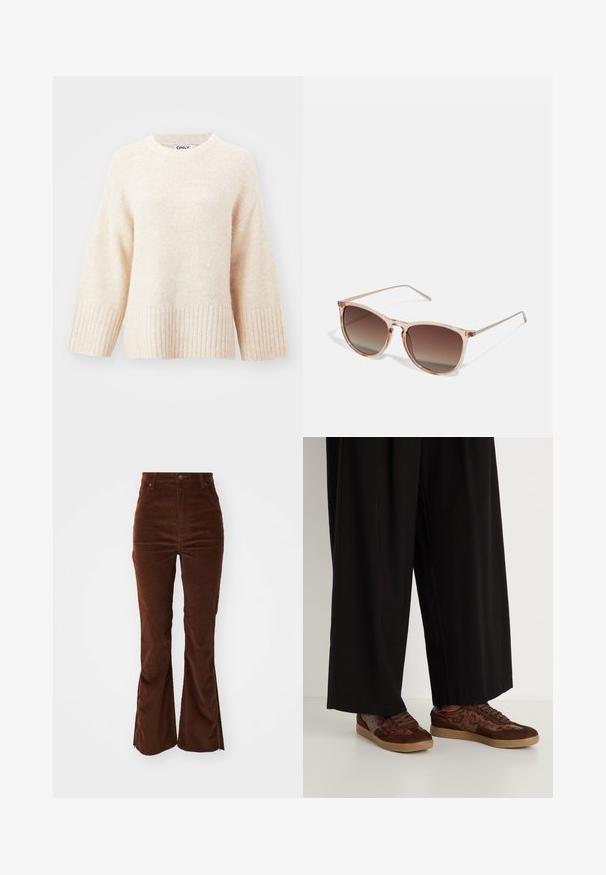 ONLY ONLMAGGIE LIFE LOOSE O NECK - Svetrík - birch melange; Vysoké hnedé manžestrové nohavice so prednými vreckami a rozšírenými nohavicami s zipsami pozdĺž vonkajších švov.; Hnedé tenisky s kombinovaným dizajnom z materiálov, vrátane semišu a hadieho vzoru, okrúla špička, šnurovacie uzatváranie a textúrované gumové podrážky.; Hnedé slnečné okuliare s prechodovým efektom a priehľadným ružovým rámom, štvorcového tvaru a tenkými kovovými ramenami. Obsahujú zaoblené okraje a minimálne detaily.; Hnedé slnečné okuliare s prechodovým efektom a priehľadným ružovým rámom, štvorcového tvaru a tenkými kovovými ramenami. Obsahujú zaoblené okraje a minimálne detaily.