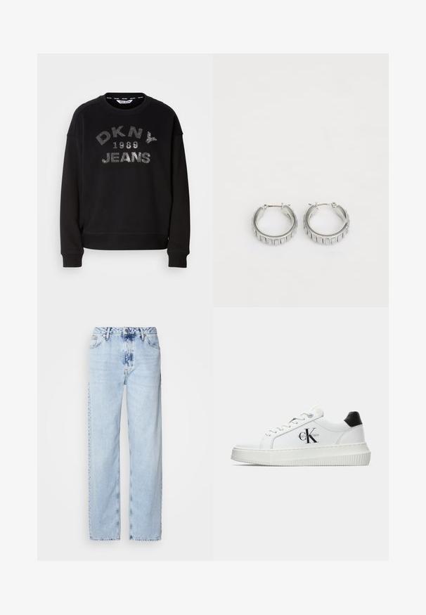 Črna kapuca z napisom "DKNY 1989 JEANS" v srebrnih črkah. Izdelana je iz mehkega materiala, z rebrastimi zapestji in robom. Čist, sproščen dizajn.; Svetlo modri široki džins hlače iz denima, z visokim pasom, zbledelim pranjem in subtilnim tie-dye vzorcem spredaj.; Bele nizke superge z črnim hrbtnim delom, platformo, vezalkami in Calvin Klein "CK" logotipom na strani.; Srebrni obroči s teksturiranim dizajnom, ki vsebuje navpične rebraste vzorce. Krožna oblika z varnim zapiranjem na zaponko. Gladek zaključek.