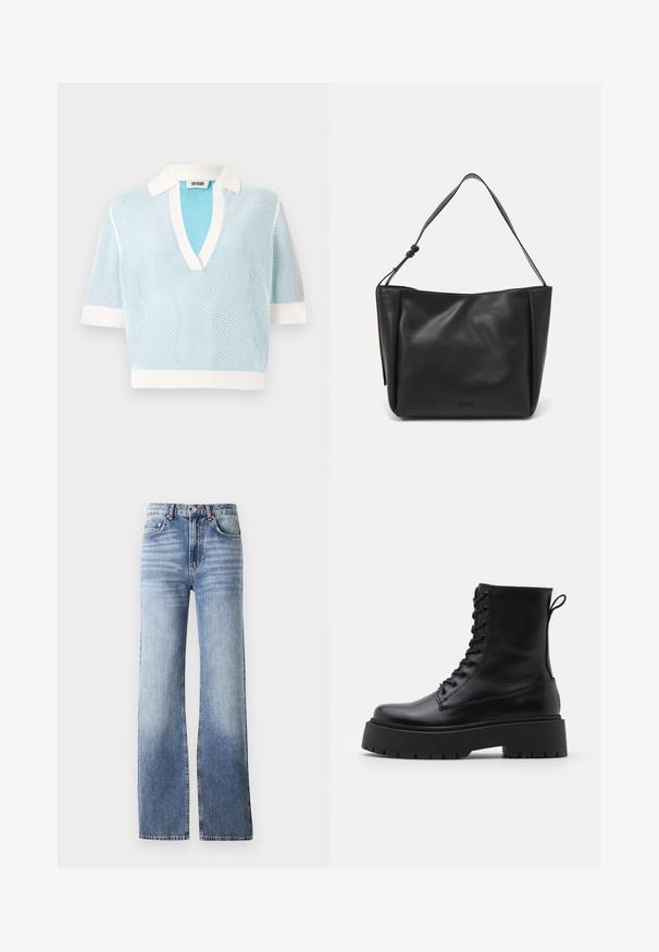 Himmelblaues Netz-Polohemd mit kurzen Ärmeln, ausgestattet mit einem weißen Kragen und Manschetten. V-Ausschnitt-Design mit strukturiertem Stoff. Markenlabel: DRYKORN.; Hellblaue Denim-Jeans mit hoher Taille, weitem Bein und dezentem Verblassen. Mit Knopfverschluss und Fünf-Taschen-Design.; Schwarze Lederstiefeletten mit runder Zehenpartie, Schnürung vorne und einer dicken Gummisohle mit strukturiertem Profil. Mit Zugschlaufe an der Rückseite.; Calvin Klein GRACIE MEDIUM - Handtasche - black; Silberne Creolen mit minimalistischem Design. Rundform, glatte Oberfläche und dünnes Profil. Leichtgewichtig mit hochglänzender Oberfläche.