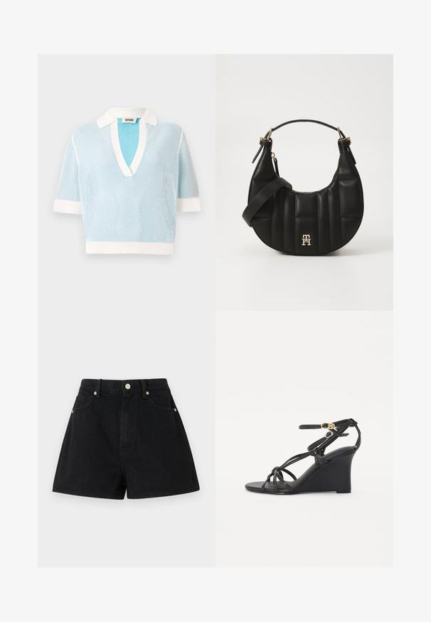 Polo-shirt en maille bleu clair à manches courtes, avec un col et des poignets blancs. Conception en V avec un tissu texturé. Étiquette de la marque : DRYKORN.; Shorts en denim noir taille haute, cinq poches, accessoires en métal argenté et coupe standard, présentant une texture lisse et des finitions soignées.; Sandales en wedge noires avec de fines lanières croisées et une sangle de cheville réglable avec une boucle dorée. Finition en cuir lisse.; Sac à main en cuir noir avec une forme incurvée, texture matelassée et quincaillerie dorée. Dispose d'une bandoulière amovible et d'un détail de logo.