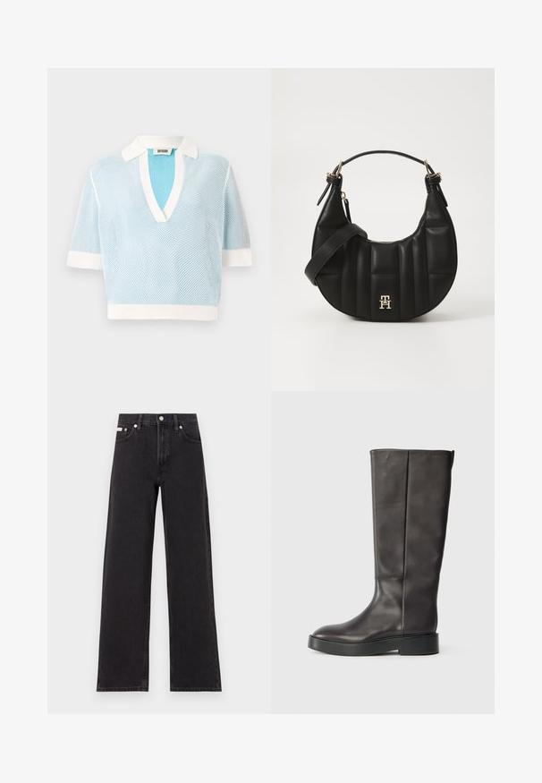 Lichtblauwe mesh polo shirt met korte mouwen, voorzien van een witte kraag en manchetten. V-halsontwerp met gestructureerde stof. Merkenlabel: DRYKORN.; Zwarte wijde spijkerbroeken van denim, met een hoge taille, vijf-pocket stijl en een metalen knoopsluiting met contrasterende stiksels.; Zwarte leren laars tot de knie met een dikke zool en subtiele Calvin Klein-logo nabij de bovenrand, zijaanzicht.; Zwarte leren handtas met een gebogen vorm, gevoerd textuur en gouden hardware. Beschikt over een afneembare schouderband en logo-detail.