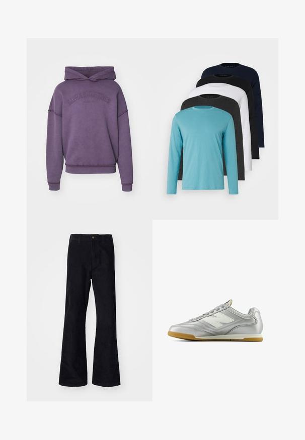 Felpa viola con tasca a marsupio frontale, logo del marchio ricamato e polsini e orlo a costine. Realizzata in tessuto morbido e testurizzato.; Cinque magliette a maniche lunghe in fila: turchese, nera, bianca, grigio scuro e blu navy. Tessuto morbido con design a girocollo e vestibilità standard.; Pantaloni neri a zampa d'elefante in cotone con un cinturino tradizionale, bottone frontale singolo e tasche ai lati e sul retro. Tessuto liscio.; Scarpa sportiva argentata con una superficie liscia e lucida, logo bianco di lato, lacci grigi con texture e suola in gomma.