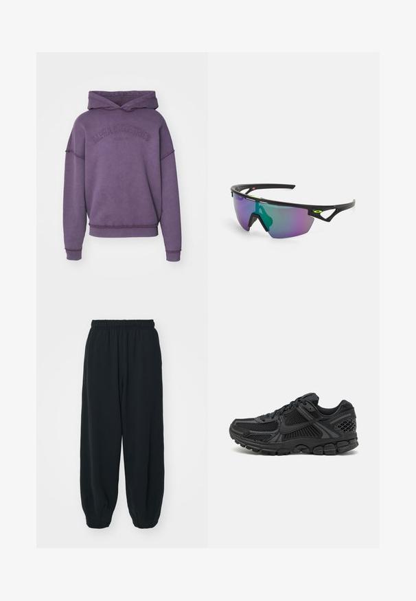 Fialová mikina s přední klokaní kapsou, vyšitým logem značky a žebrovanými manžetami a lemem. Vyrobena z měkké, texturované tkaniny.; Černé teplákové kalhoty s elastickým pasem, volným střihem, manžetami na kotnících, hladkým povrchem a bez viditelných vzorů či kovových detailů.; Černá sportovní bota s síťovinovým svrškem, gumovou podrážkou a texturovanými akcenty. Design zahrnuje výrazný systém šněrování a polstrovanou podrážku.; Sportovní sluneční brýle s černým rámem, velkým gradientním sklem s fialovými a zelenými odstíny a hranatými designovými akcenty s detailem loga.