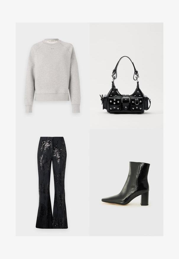 Sudadera gris con cuello redondo, mangas raglán y puños y dobladillo de canalé. Presenta un pequeño logo en el pecho. Fabricada con un tejido suave.; The Kooples PANTALON SEUL - Pantalones - black; Botín negro hasta el tobillo fabricado en cuero brillante con punta afilada y tacón cuadrado y grueso. Presenta una textura suave y un diseño minimalista.; Bolso de mano de cuero negro con un diseño curvado, que cuenta con tachuelas plateadas, una hebilla y dos bolsillos laterales. Correa ajustable para opciones de transporte.