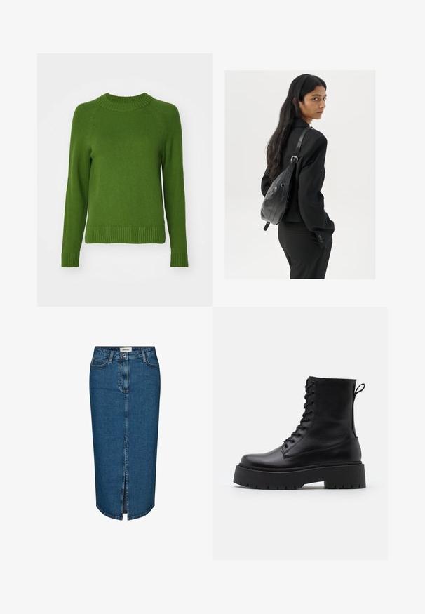 GAP CASHSOFT CREW - Jumper - twist of lime; Denim pencil skirt in dark blue, featuring a front slit, five pockets, and contrasting stitching. Mid-rise waist with a classic design.; Black leather ankle boots with a round toe, lace-up front, and a thick rubber sole featuring a textured tread. Pull tab at the back.; Woman with long dark hair wearing a black suit, carrying a black leather shoulder bag, looking over her shoulder against a white background.