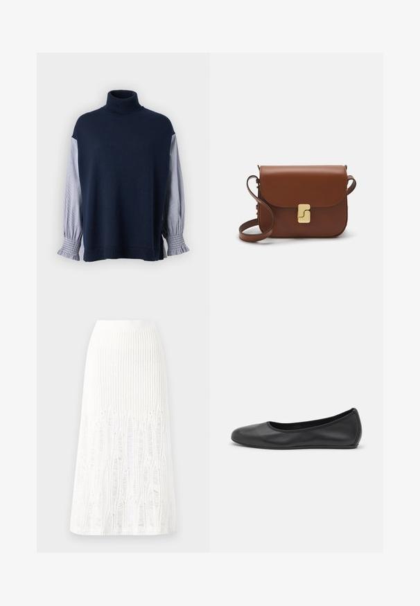 Pulôver de malha azul-marinho com gola alta, apresentando mangas em tecido às riscas e punhos com volantes. Textura suave, ajuste solto e detalhes nas costuras.; T-shirt de manga curta branca feita de tecido canelado. Decote redondo, ajuste regular e detalhes de costura subtis. Sem padrões ou gráficos.; Saia midi branca de malha com um padrão texturizado com linhas verticais e detalhes recortados perto da bainha. Cintura elástica. Material suave.; Bailarina preta em pele com bico arredondado, textura suave, detalhe de costura minimalista e design de sola flexível.; Bolsa de couro castanho com fecho de aba, decoração em tom dourado, alça de ombro e textura suave. Formato retangular compacto.