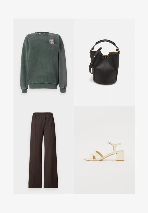 Sötétzöld pulóver kerek nyakkal és bordázott mandzsettákkal. Jellemzője egy hegyet ábrázoló folt lila, fehér és sárga színekben. Puha tapintású.; Sötétbarna anyagból készült, bő szárú nadrág, rugalmas derékkal, sima textúrával és letisztult vonalakkal a sikkes megjelenés érdekében.; Beige lakkbőr magassarkú szandál, kereszttartós kialakítással, nyitott orral, állítható bokapánttal és tömbsarokkal. Sima textúrával.; Fekete bőr vödör táska texturált felülettel, arany hardware részletekkel és nyitott tetejével. Rövid fogantyúval és állítható vállpánttal rendelkezik.