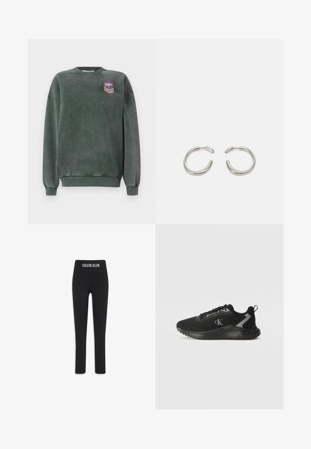 Sudadera verde oscuro con cuello redondo y puños de canalé. Presenta un parche con un diseño de montaña en púrpura, blanco y amarillo. Textura suave.; Leggings negros confeccionados en material elástico, con una cintura ancha que lleva el logo "CALVIN KLEIN", ajuste ajustado y diseño de largo hasta el tobillo.; Zapatilla atlética baja negra con malla transpirable, diseño con cordones, suela texturizada y logo "cK" en el lateral.; Pendientes de aro de plata con un diseño suave y redondeado y un acabado pulido y elegante. Presentan una forma minimalista con una ligera abertura.