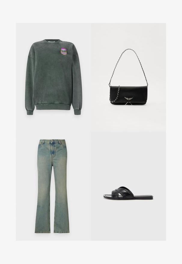 Sudadera verde oscuro con cuello redondo y puños de canalé. Presenta un parche con un diseño de montaña en púrpura, blanco y amarillo. Textura suave.; Vaqueros de campana de denim azul claro con cintura alta, cinco bolsillos y cremallera. Acabado limpio y deslavado con detalles de costura sutiles.; Chanclas negras de cuero lisas, con correas entrecruzadas y detalles troquelados, y una suela plana y flexible.; Bolso de mano de cuero negro con una correa de cadena plateada, que presenta acentos decorativos en forma de alas y costuras blancas a lo largo de la costura inferior.