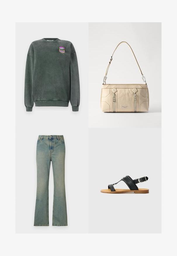 Sudadera verde oscuro con cuello redondo y puños de canalé. Presenta un parche con un diseño de montaña en púrpura, blanco y amarillo. Textura suave.; Vaqueros de campana de denim azul claro con cintura alta, cinco bolsillos y cremallera. Acabado limpio y deslavado con detalles de costura sutiles.; Sanda negra de cuero con hebilla ajustable, suela plana de color marrón claro y dos tiras anchas cruzando sobre el pie, diseño minimalista.; Bolso de mano de cuero beige con herrajes plateados, dos cremalleras laterales, diseño estructurado y una correa removible para mayor versatilidad.