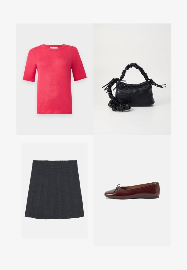 Kurzarm-T-Shirt mit Rundhalsausschnitt in leuchtendem Pink. Hergestellt aus leichtem Material mit glatter Textur und minimalen Nähten.; Dunkelgrauer, plissierter Rock mit elastischem Bund, aus einem strukturierten Stoff und in klassischer A-Linie. Geeignet für die Freizeit.; Burgunderfarbenes, lackiertes Ballettschuh mit abgerundetem Zehenbereich, kleiner Schleifenakzent vorne und einer niedrigen, schwarzen Gummisohle. Glatte Textur.; Schwarze Handtasche aus Kunstleder mit Krokodilstruktur, gerafftem oberen Teil und einem geschoppten Tragegurt. Sie wirkt weich und kompakt im Design.