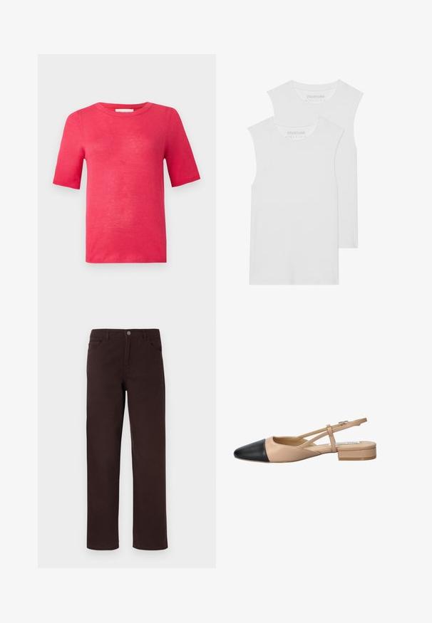 Majica s kratkimi rokavi in krojenim ovratnikom v živahno roza barvi. Narejena iz lahkega materiala z gladko teksturo in minimalnimi šivi.; Dve bele brezrokavne majice iz mehkega bombažnega blaga, z okroglim izrezom in brez vidnih vzorcev ali dodatkov.; Rjave bombažne hlače s ravnim krojem, dvema sprednjima žepoma in gumbom za zapiranje na pasu. Gladka tekstura brez vidnih vzorcev.; Bežna in črna dvobarvna slingback čevlja s koničastim noskom, ravnim peto in križno zasnovo traku. Gladka usnjena tekstura.