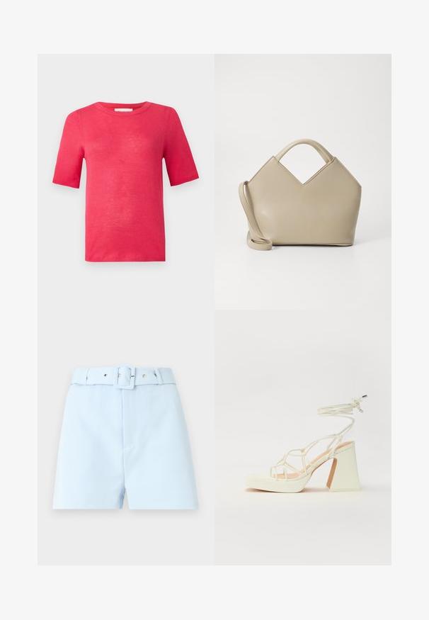 T-shirt à manches courtes et col rond de couleur rose vif. Fabriqué en matériau léger avec une texture lisse et des coutures minimales.; Shorts bleu clair avec une taille ceinturée, comprenant une boucle carrée et des accents en métal. Tissu lisse, coupe ajustée et devant plissé.; Sandale blanche à talons hauts avec un talon épais, présentant un design à lanières et un lien autour de la cheville. Texture lisse avec une plateforme à l'avant pour une hauteur supplémentaire.; Sac à main structuré beige avec un dessus en V, en cuir lisse, muni de poignées courtes et d'une longue bandoulière réglable. Design minimaliste.