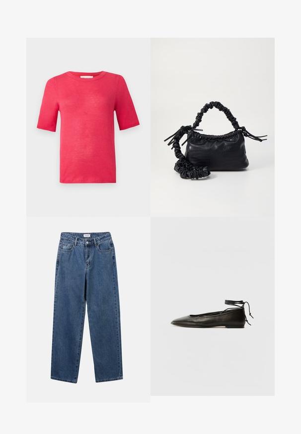 T-shirt à manches courtes et col rond de couleur rose vif. Fabriqué en matériau léger avec une texture lisse et des coutures minimales.; Jean en denim bleu classique avec une coupe droite, cinq poches et une fermeture par bouton. Présente un lavage moyen et une texture robuste.; Ballerines noires en cuir avec un bout pointu, une attache à la cheville et une semelle plate, caractérisées par une texture lisse et un design minimaliste.; Sac à main en simili cuir noir avec une texture crocodile, un dessus resserré et une sangle froncée. A l'apparence douce et compacte.