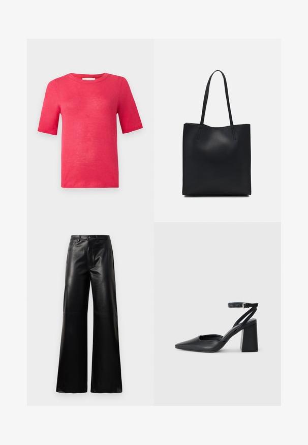 Lühikeste varrukatega, ümberkaelusega t-särk erksas roosas. Valmistatud kergest materjalist, millel on sile tekstuur ja minimaalsed õmblused.; Mustad talje laiad jalad kunstnahast püksid esipaneeli nööbi ja lukuga, vöödega ja küljetaskutega valge tausta peal.; Mustmustest must-käigukingad, millel on konksuga nöör ja paks konts. Ühtlane tekstuur, stiilne disain ja minimalistlik esteetika.; Mustast nahast kott sujuva tekstuuriga, ristkülikukujuline ja kahe pika sangaga. Pole nähtavat riistvara ega kaunistusi.
