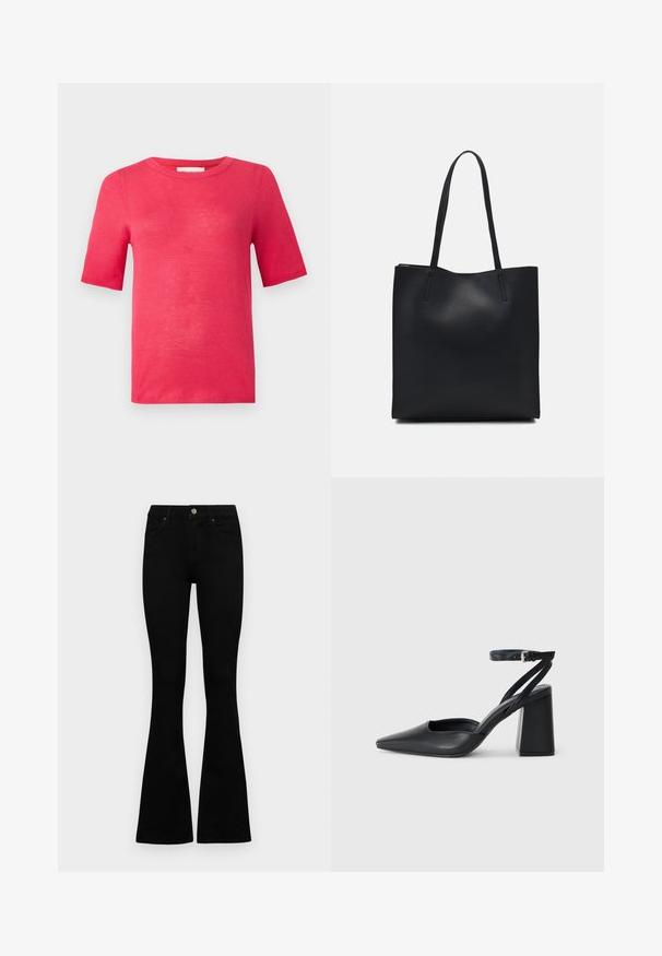 Kurzarm-T-Shirt mit Rundhalsausschnitt in leuchtendem Pink. Hergestellt aus leichtem Material mit glatter Textur und minimalen Nähten.; Schwarze hochtaillierte Jeans mit einem Knopf- und Reißverschluss, Fronttaschen und ausgestellten Beinen, flach auf einem weißen Hintergrund ausgelegt.; Schwarze Leder-Pumps mit spitzer Zehe, einem Knöchelriemen und einem blockigen Absatz. Flache Textur, elegantes Design und minimalistische Ästhetik.; Schwarze Laptoptasche aus Leder mit glatter Textur, rechteckiger Form und zwei langen Griffen. Keine sichtbaren Beschläge oder Verzierungen.