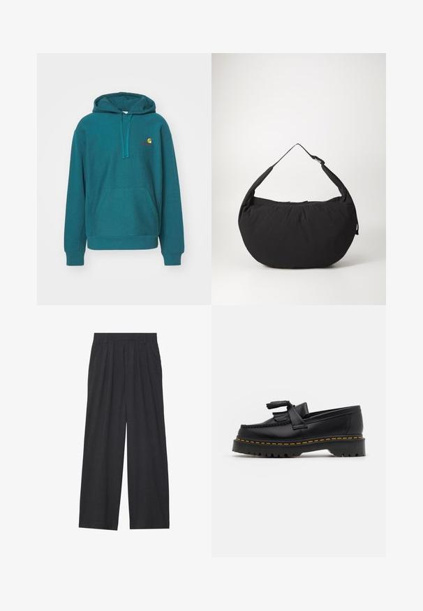 Felpa teal con tasca frontale, cappuccio con cordino e logo ricamato in giallo e rosso. Realizzata in tessuto morbido e texturizzato.; Camicia henley bianca a maniche lunghe con tre bottoni e scollatura rotonda, esposta su uno sfondo bianco semplice.; Pantaloni a gamba larga realizzati in tessuto grigio scuro. Presentano pences in vita, un design sartoriale e una silhouette dritta.; Mocassino in pelle nera con un'accento a frange, dotato di una suola nera spessa e cuciture gialle lungo il bordo. Finitura testurizzata.; Borsa a spalla in tessuto nero con forma curva, dotata di una sola tracolla e chiusura con zip. Texture morbida, design minimalista.