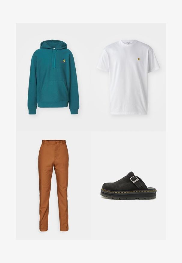 Felpa teal con tasca frontale, cappuccio con cordino e logo ricamato in giallo e rosso. Realizzata in tessuto morbido e texturizzato.; T-shirt bianco in cotone con maniche corte, con colletto girocollo, caratterizzato da un piccolo logo dorato sulla parte sinistra del petto. Tessuto morbido e vestibilità regolare.; Pantaloni di cotone marroni con taglio dritto, dotati di chiusura con bottone e tasche laterali. Texture liscia con un colore uniforme su tutta la superfice.; Zoccolo in suede nero con cinturino regolabile, dotato di una spessa suola in gomma nera e cuciture gialle a contrasto lungo il bordo.