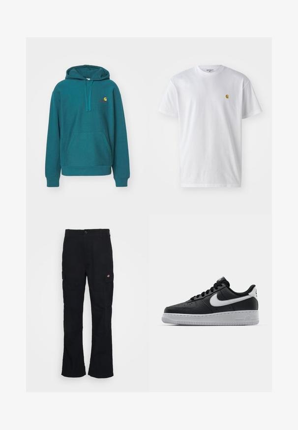 Felpa teal con tasca frontale, cappuccio con cordino e logo ricamato in giallo e rosso. Realizzata in tessuto morbido e texturizzato.; T-shirt bianco in cotone con maniche corte, con colletto girocollo, caratterizzato da un piccolo logo dorato sulla parte sinistra del petto. Tessuto morbido e vestibilità regolare.; Pantaloni cargo neri con design a gamba dritta, realizzati in tessuto resistente, con tasche laterali e un logo a patch sul lato sinistro.; Sneaker in pelle nera con superficie texture, baffo Nike bianco, suola grigia, punta rotonda e design con lacci. Presenta delle perforazioni sulla punta.