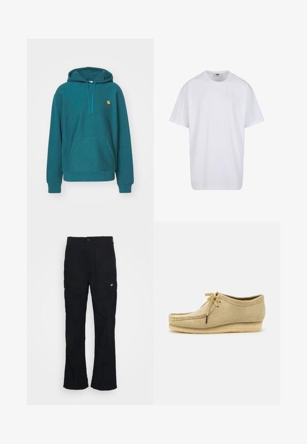 Teal hættetrøje med en frontlomme, snorhætte og broderet logo i gul og rød. Fremstillet af blødt, struktureret stof.; Hvid bomulds t-shirt med korte ærmer, rund halsudskæring, afslappet pasform, og ingen synlige logoer eller mønstre. Glat tekstur og minimalistisk design.; Sorte cargo bukser med lige ben-design, fremstillet af slidstærkt stof, med sidelommer og et patch-logo på venstre side.; Beige suedestøvle med snørebåndsdesign, syede detaljer og gummisål. Formen er afslappet med en let hæl.