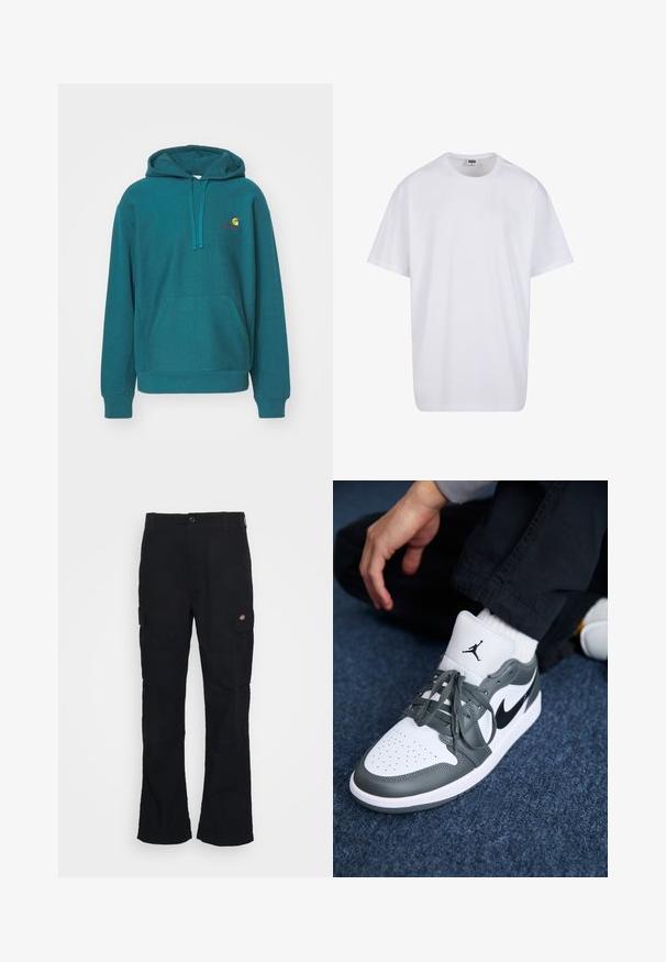 Tengerészkék kapucnis pulóver elülső zsebbel, húzózsinórral a kapucnin és sárga-piros hímzett logóval. Puha, textúrált anyagból készült.; Fehér pamut póló rövid ujjal, kerek nyakú, laza szabású, és nincsenek látható logók vagy minták. Simább textúra és minimalista dizájn.; Fekete cargo nadrág egyenes szabású dizájnnal, tartós anyagból készült, oldalzsebekkel és bal oldalon egy foltlogóval.; Nike Air Jordan 1 tornacipő fehér és szürke bőrből, fekete logóval, perforált orral és lapos szürke fűzővel.
