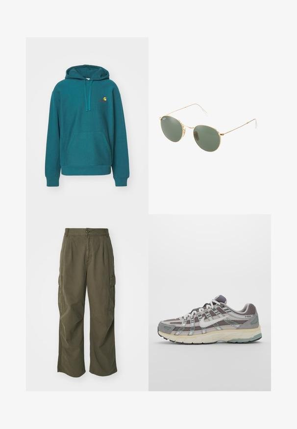 Teal hoodie with a front pocket, drawstring hood, and embroidered logo in yellow and red. Made from soft, textured fabric.; Cargo pants in olive green, made of cotton, with a wide leg design, pleats, and side pockets for utility.; Gray athletic shoe featuring a mesh and suede upper, white accents, a cushioned sole, and a distinctive design with reflective elements.; Gold metal frame sunglasses with green lenses, round shape, thin temples, and white plastic accents on the tips of the arms.