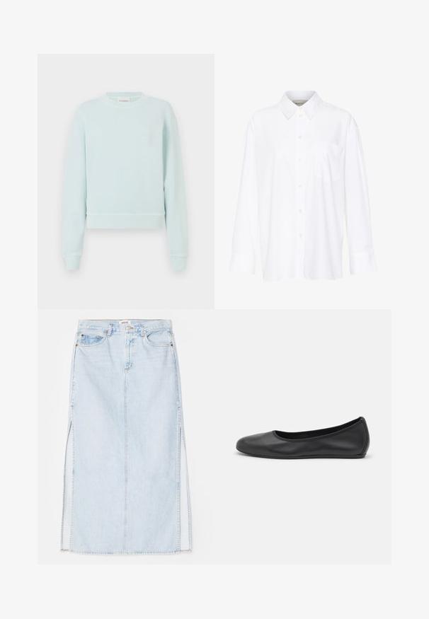 CLOSED Mikina - light sky blue; Bílá košile s dlouhým rukávem a límečkem vyrobená z bavlny. Má knoflíkovou přední část a jedno kapsičku na prsou. Hladký povrch, volný střih.; Světle modrá denimová maxi sukně se střihém do tvaru A, která má boční rozparky a design s pěti kapsami. Výrazné švy a kovové zapínání na knoflík.; Černé kožené baletní byty s kulatou špičkou, hladkou texturou, minimálními švy a flexibilním designem podrážky.