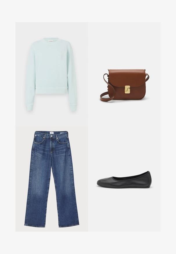 CLOSED Sudadera - light sky blue; Citizens of Humanity ANNINA - Vaqueros rectos - westwood dark indigo; Bailarina de piel negra con punta redondeada, textura suave, detalle de costura minimalista y diseño de suela flexible.; Bolso de mano de cuero marrón con cierre de solapa, herrajes en tono dorado, correa para el hombro y una textura suave. Forma rectangular compacta.