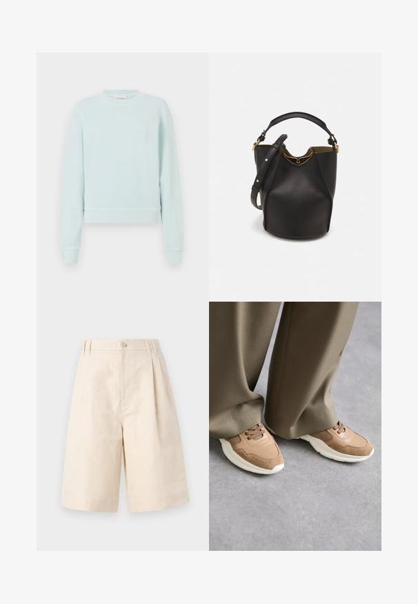 CLOSED Melegítőfelső - light sky blue; Beige lenvászon rövidnadrág laza fitben, gombos zárással, plisszírozott kialakítással és térdig érő hosszúsággal. Sima textúra és egyszerű stílus.; Barna sportcipők sima bőrből és hálós anyagból készült, fehér gumitalppal és finom perforációs részletekkel.; Fekete bőr vödör táska texturált felülettel, arany hardware részletekkel és nyitott tetejével. Rövid fogantyúval és állítható vállpánttal rendelkezik.
