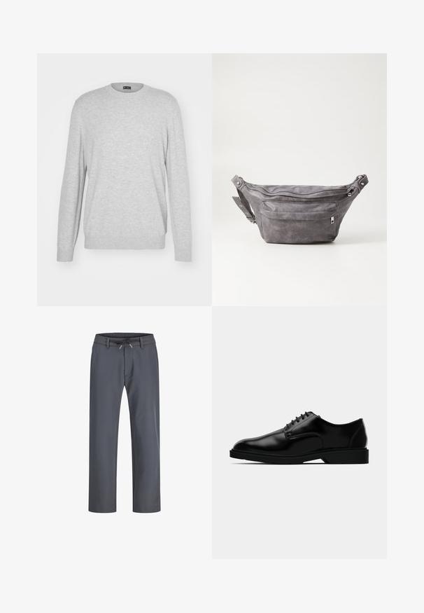 GAP CASHSOFT CREW - Trui - mottled grey; Grijze, elastische broek met een trekkoord. Rechtoe-rechtaan ontwerp, gemaakt van een gladde stof, met minimale stiksels en geen zichtbare hardware.; Zwarte leren dresschoenen met een gladde afwerking, ronde neus, vetersluiting en een bescheiden rubberen zool voor grip.; Grijze suède heuptas met een ronde vorm, twee met rits afgesloten compartimenten en een verstelbare band. Voorzien van metalen accenten.