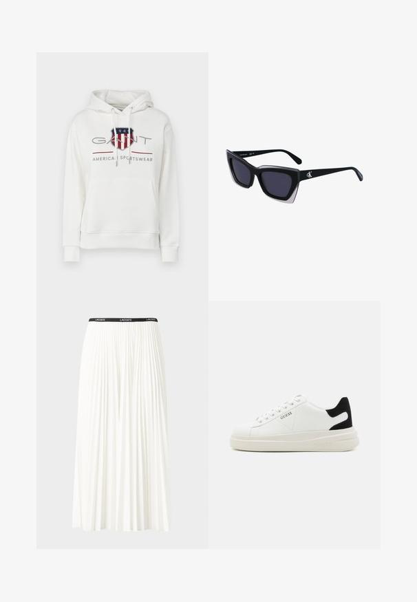 Witte katoenen hoodie met een voorste kangoeroezak, verstelbare koordjes en een grafische logo in rood, blauw en grijs.; Plisséminirok in het wit met een zwarte elastische tailleband met het "LACOSTE"-logo. Middellange ontwerp met een zachte textuur.; Witte leren sneakers met een dikke witte zool, zwarte suède hielaccent en een geperst logo op de zijkant. Vetersluiting met zes oogjes.; Zwarte oversized zonnebril met een geometrische vorm, voorzien van donkere glazen en een contrasterend grijs detail op het montuur. Logo op de arm.