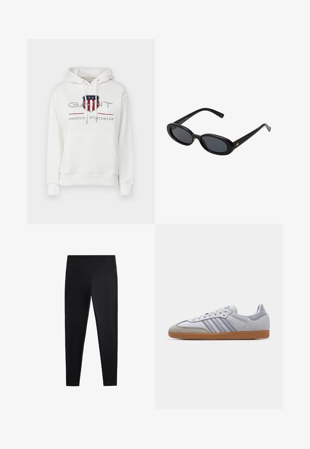Sweat-shirt en coton blanc avec une poche kangourou à l'avant, des cordons de serrage ajustables et un logo graphique en rouge, bleu et gris.; Leggings noirs en tissu lisse et extensible. Dotés d'une taille large et d'un design de jambe fuselée, adaptés pour une utilisation active ou décontractée.; Baskets en cuir blanc avec des accents bleu clair, un bout en daim gris et une semelle en caoutchouc marron. Présente trois bandes bleues et le marquage "Samba".; Lunettes de soleil noires surdimensionnées avec des verres ovoïdes, monture en plastique lisse et accents dorés sur les tempes. Les verres sombres offrent une protection contre le soleil.