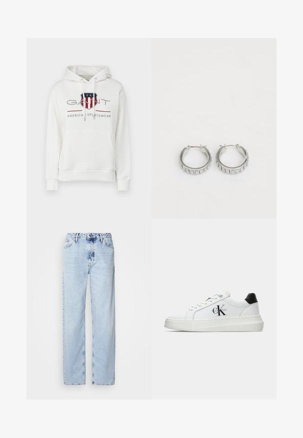Hoodie alb din bumbac, cu un buzunar mare în față, șnururi ajustabile și un logo grafic în culorile roșu, albastru și gri.; Jeans lejere de culoare albastru deschis, realizate din denim, având talie înaltă, spălare ușoară și un model subtil de tie-dye pe partea din față.; Adidași albi cu glezna joasă, cu tab-ul de călcâi negru, talpă platformă, șireturi și logo-ul "CK" de la Calvin Klein pe lateral.; Cercei din argint în formă de cerc cu un design texturat, ce prezintă striții verticale. Formă circulară cu un sistem de închidere sigur. Finisaj neted.