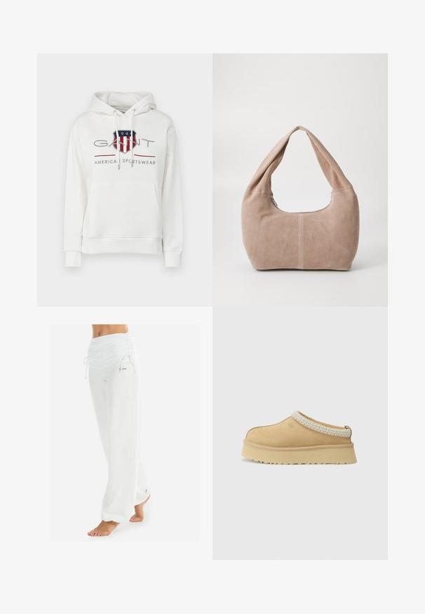 White cotton hoodie featuring a front kangaroo pocket, adjustable drawstrings, and a graphic logo in red, blue, and gray.; White, loose-fitting pants with a gathered waistband and drawstring. Smooth texture with side seams, designed for comfort and mobility.; Tan suede slip-on shoe with a padded collar and textured light blue accent. Features a thick, durable outsole with a patterned tread.; Hobo bag made of soft, suede material in a light beige color. Features a rounded shape with a wide strap and zip closure.