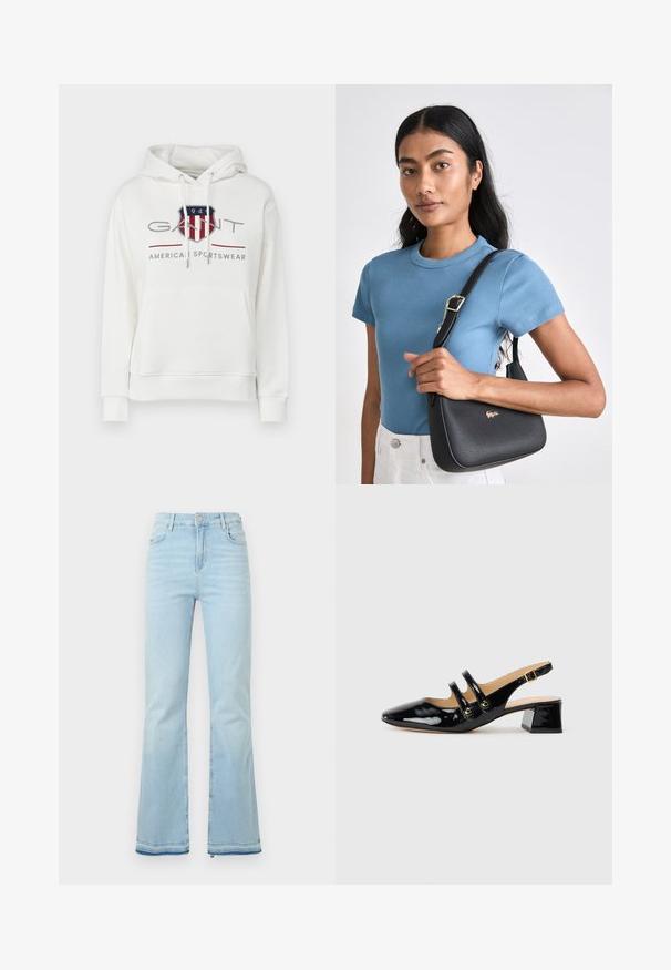 Sweat-shirt en coton blanc avec une poche kangourou à l'avant, des cordons de serrage ajustables et un logo graphique en rouge, bleu et gris.; Jean flare bleu clair en denim, avec une taille haute, des poches avant et un ourlet brut au niveau des poignets pour un look décontracté.; Chaussure slingback en cuir verni noir avec bout pointu, détail de deux brides, accents circulaires dorés et un petit talon carré.; Sac à main noir texturé avec une forme incurvée, accentué par un logo doré, associé à une chemise à manches courtes bleu clair à côte et un pantalon blanc.