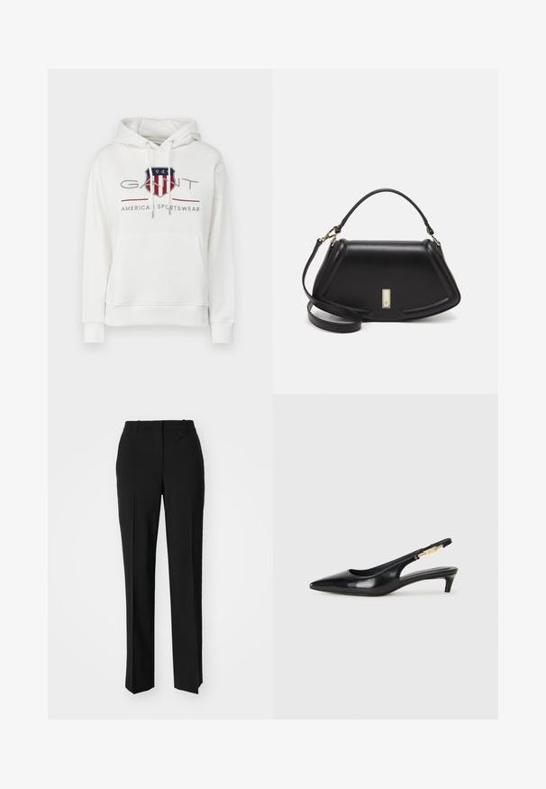 Sweat-shirt en coton blanc avec une poche kangourou à l'avant, des cordons de serrage ajustables et un logo graphique en rouge, bleu et gris.; Pantalon noir ajusté avec une coupe droite, présentant une texture lisse et des plis nets sur le devant. Aucune quincaillerie visible.; Talons hauts en cuir noir avec un bout pointu, dotés d'un talon fin et d'un accent en ton or sur la lanière réglable. Texture lisse.; Sac à main en cuir noir avec un design structuré, featuring une forme cropped, une poignée supérieure et des accents en matériel doré. Bandoulière réglable incluse.