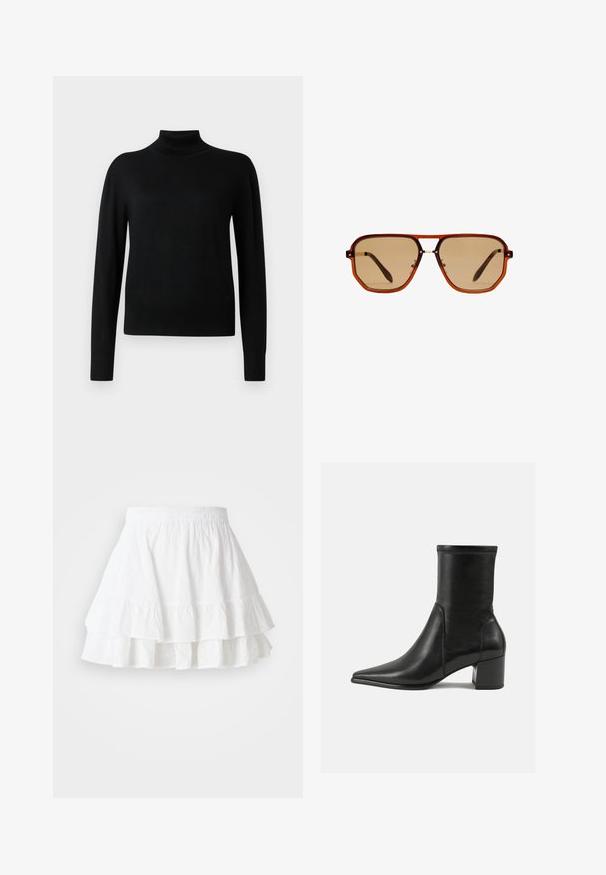 Mustapikarainen korkeakauluksinen villapaita, jossa on pitkät hihat ja joka on valmistettu sileästä neulekankaasta. Omistaa istuvan vartalon ja ribbireunat hihoissa ja helmassa.; Valkoinen kerroksellinen hame, joka on valmistettu kevyestä kankaasta ja jossa on rei'itetty kuvio sekä röyhelöhelma. Ominaisuuksiin kuuluu joustava vyötärö, joka tarjoaa mukavuutta.; Mustat nilkkurit, jotka on valmistettu sileästä nahasta, kärjessä on terävä muoto, paksu korko ja selkeästi kohoavat ompeleet yläreunassa.; Ruske oktagonalne sunčane naočale s prozirnim amber okvirom i smeškastim staklima. Imaju metalni naglasak na mostu i tanke strane.; Ruskea samettinen kantolaukku, jossa on kaksinkertaiset kahvat, nappikiinnitys ja rento, hieman lörpähtänyt muoto.