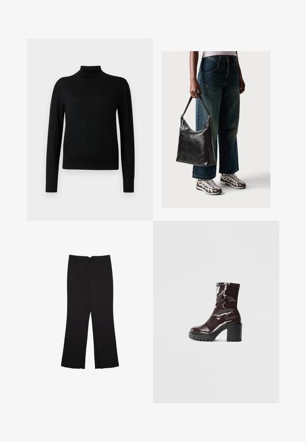 Črn pulover s prijetnim ovratnikom in dolgimi rokavi, narejen iz gladkega pletenega materiala. Ima prilegajoč se kroj in rebraste manšete ter rob.; Črne hlače ravnega kroja z naglavnimi žepi in stranskimi razporki na robu. Narejene iz mehke, gladke tkanine. Primerne za različne priložnosti.; Sijajan škrlatank z bleščečim videzom, z masivnim črnim peto, ki se ponaša z gladko teksturo in preprostim dizajnom. Brez vidnih zapenjal ali vzorcev.; Črna usnjena torba za ramo z gladko teksturo in nastavljivim trakom, v kombinaciji z zbledelimi širokimi hlačami in športnimi supergami.