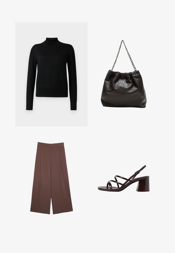 Mustapikarainen korkeakauluksinen villapaita, jossa on pitkät hihat ja joka on valmistettu sileästä neulekankaasta. Omistaa istuvan vartalon ja ribbireunat hihoissa ja helmassa.; Ruskeat leveälahkeiset housut, joissa on sileä pinta, korkea vyötärö ja etupleat. Kangas on kevyttä ja laskeutuu väljänä.; Ruske sandaale sa visokom potpeticom s debljim petama, s glatkom, sjajnom površinom i višestrukim križnim trakama na gornjem dijelu.; Ruskea nahkainen laukku, jossa on kerätty yläosa ja ketjuhihna. Tasainen pinta, jossa kiiltävä viimeistely ja hienovaraiset sauman yksityiskohdat sivuilla.