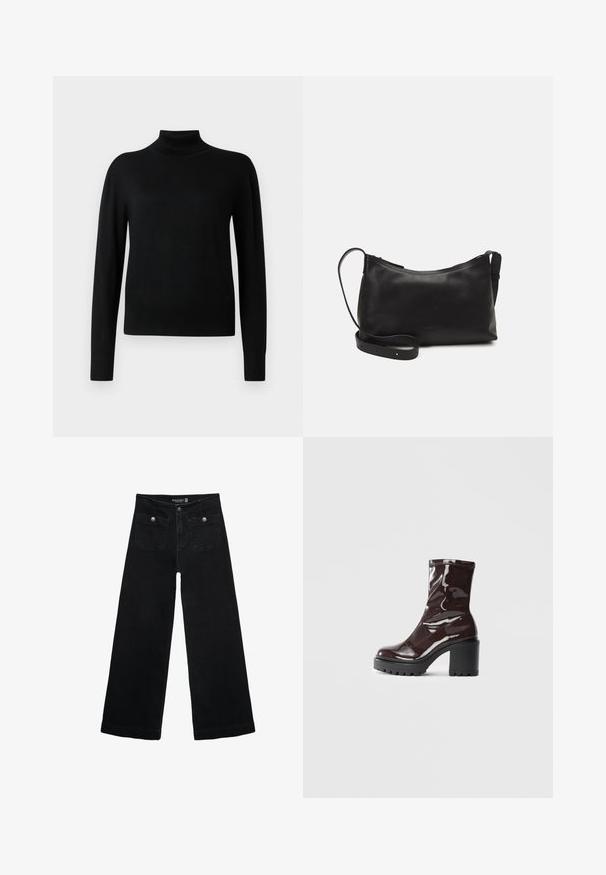 Pull noir à col roulé avec des manches longues, fabriqué en tissu tricoté lisse. Présente un corps ajusté et des poignets et un ourlet côtelés.; Jean's larges noires avec taille haute, dotés de deux poches avant et d'accents en métal sur les boutons. Le tissu a une texture lisse.; Bottines bordeaux brillantes à talon épais noir, avec une texture lisse et un design simple. Aucune fermeture visible ni motifs.; Sac à épaule en cuir noir avec une texture lisse, une forme courbée, une bandoulière ajustable et une fermeture éclair. Design minimaliste sans embellissements.