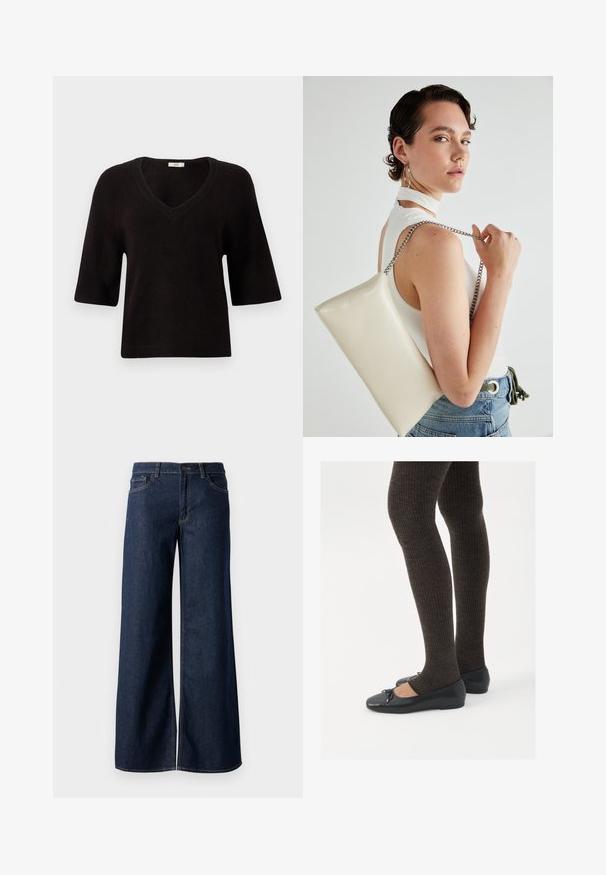 Crni pleteni pulover s V-izrezom, kratkim rukavima i opuštenim krojem. Mekana tekstura s rebrastim detaljima na rubu i rukavima.; Široke traperice u tamnoplavoj denim boji. Sadrže kontrastno šivanje, pet džepova i kopčanje na dugme u struku. Glatka tekstura.; Crne ravne cipele s malim mašnom na vrhu prstiju, uparene s tamnosmešnim rebrovanim čarapama. Cipele imaju glatku teksturu i nizak profil.; Bijela pravokutna torbica s kopčanjem, izrađena od sjajnog materijala, s srebrnim lančićem. Model pozira, prikazujući torbicu na jednostavnoj pozadini.